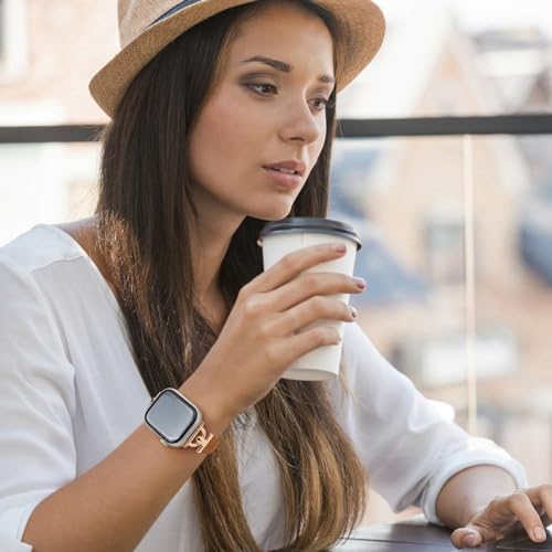 Image of Leather Band Compatible with Apple Watch Bands for Women, Dressy Fancy Strap for iWatch Series 11 /10 /9 /8 /7 /6 /5 /4 /3 /2 /1 /se(38mm 40mm 41mm 42mm,Light Brown /Rose Gold)