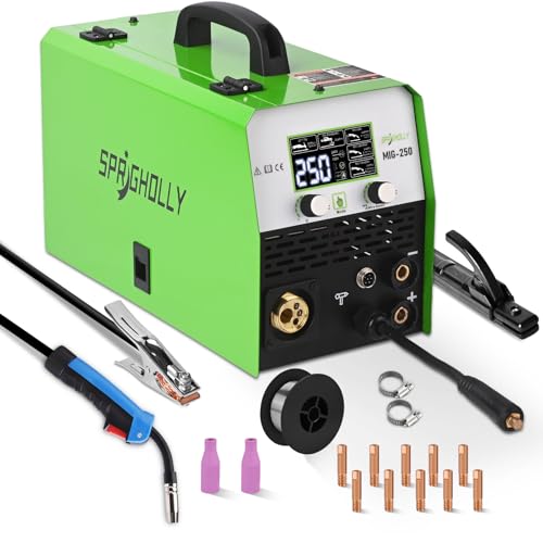 SPRIGHOLLY Poste à souder MIG 5 en 1 250 A, machine à souder multi-processus, noyau à flux MIG/tige ascenseur, soudage par points, pistolet à bobine, machine à souder multi-processus