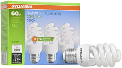 SYLVANIA CFL T2 Twist Light Bulb, 60W Equivalent, Efficient 13W, 800 Lumens, 6500K, Daylight - 3 Pack (26378)