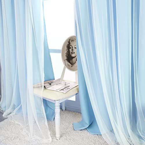 Image of Blackout and Sheer Curtains Set- Mix & Match Window Treatments Light Blocking Drapes 2 Layers Decor with Tie-Backs for Kids /Girl's Bedroom, Living Room, 52 by 96 in, Light Blue, 2 PCS