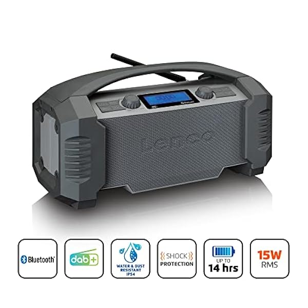 Lenco DAB , radio da cantiere, Bluetooth 5.0, ricevitore FM, IP54, impermeabile, batteria RMS da 15 Watt, 5000 mAh, caricatore USB AUX-In, grigio, ODR-150GY