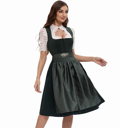 Goxozzy Dirndl Damen Midi Samt Trachtenrock mit Dirndlschürze für Oktoberfest Größen 34-44 Rocklänge 60cm Grün Rot Blau (DE/NL/SE/PL, Numerisch, 38, Regular, Regular, Grün)