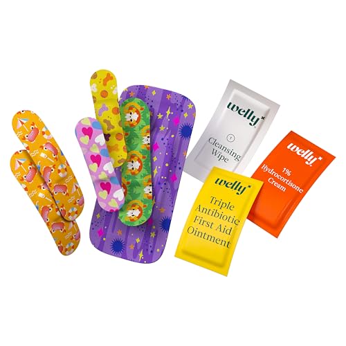 Image of Welly First Aid Kit - Bravery Badges in Flexible Fabric and Waterproof, Singe Use Ointments Triple Antibiotic, Cleansing Wipes and Hydrocortisone - 70 Count