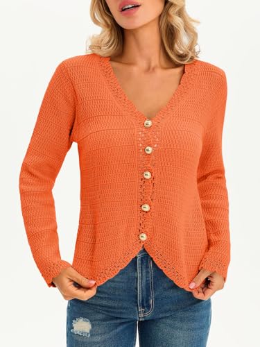 Image of Saodimallsu Womens V Neck Cardigan Sweaters Button Up Cropped Boho Knit Long Sleeve Loose Trendy Sweater Tops