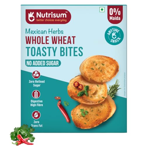 Image of Nutrisum Whole Grain Toast /Toasty Bites - No Maida, Sugar-Free, High Fiber healthy snack| Made Real Butter & Olive Oil | Perfect with Tea| Anytime Snack Mexican herb Flavour Toast (150gms x Pack of 4)