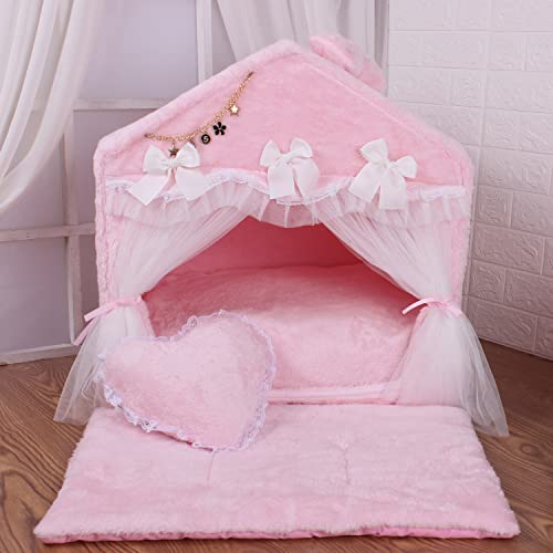 SmileyTails Casetta deluxe per cani, gatti, cuccioli, gattini, per interni, soffice, invernale, calda e accogliente, in pile di velluto (S: 48 x 38 x 50 cm, rosa principessa)
