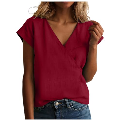 Blusa De Mujer Camisa De Lino para Mujer Primavera 2026 Camisetas Verano Camisa Playa Verano para Blusa Camisera Manga Corta Negra Manga Corta Camisetas Lino Algodón Top Sencillo Elegante