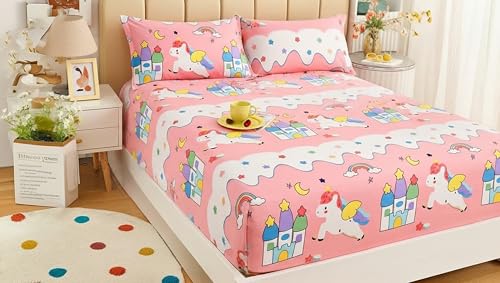 Image of Filymore Star Unicorn Double bedsheet for Girls Kid bedsheet for Queen Size Bed 240 TC Microfiber Soft Cartoon bedcover for Kids Room (90x90 Inches)(Peach and White)