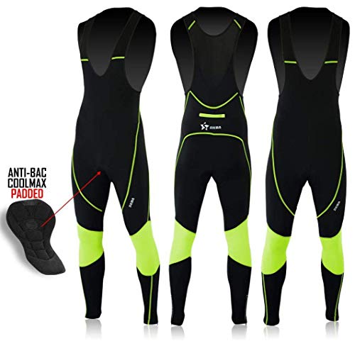 Sikma Sports Mens Cycling Bib Tights Trouser Thermal Cold Wear Winter 3D Padded Bicycle Leggings Long Pants (Black/Green, Medium)