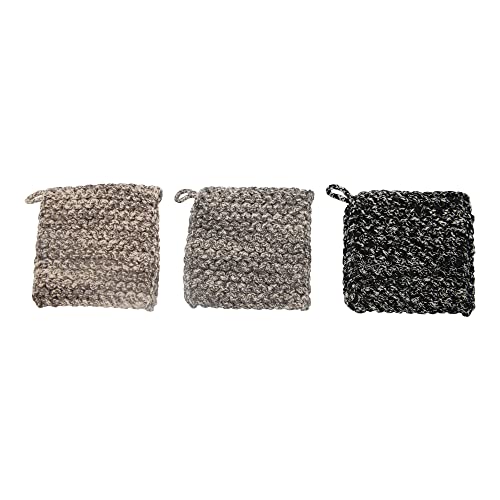 Creative Co-Op Square Crochet Cotton Leather Loop, Set Of 3 Colors Pot Holder, Multicolored #TOP25