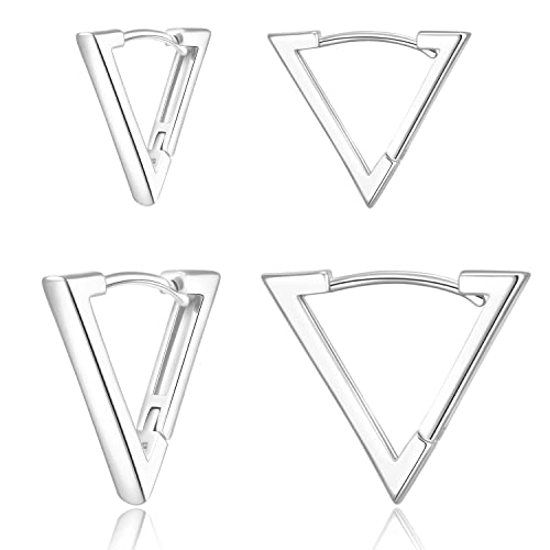 2 Pairs 14K Gold Plated Minimalist Geometric Triangle Huggies Hoop Earrings, V Shaped Hoop Earrings for Women Gift 1.3cm/1.8cm, gold and silver