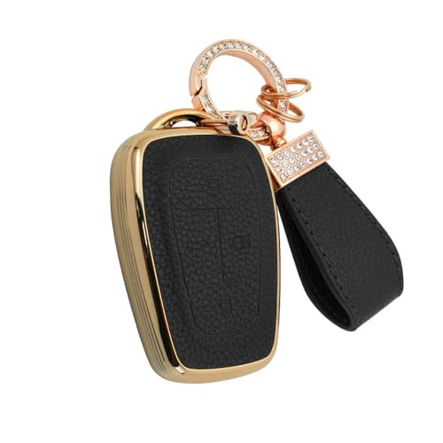 Image of keyzone litchi leather textured TPU key cover & keychain for Tata Nexon, Harrier, Safari, Altroz, Punch, Tigor smart key (Black)