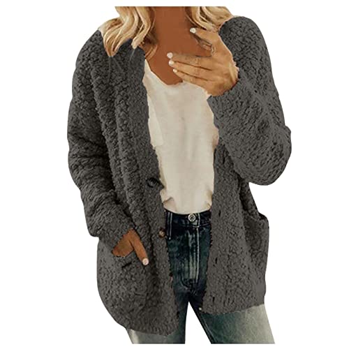 Clothes For Women, Fuzzy Fleece Jacket Jean Jackets For Women Women's Fall Winter V-Neck Plush Single-Breasted Hooded Jacket With Pockets Fleece Jacket Coat Button Double Breasted (Dark Gray,X-Large) #TOP29