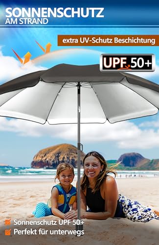 4smile Sonnenschirm Strand SunnyJoy Ø 180 cm, 3er Set - Strandschirm mit UV Schutz 50+, inkl. Sonnenschirm Schutzhülle und Bodenhülse - Strandschirm windfest stabil, Sonnenschutz Strand, Taupe – Bild 4