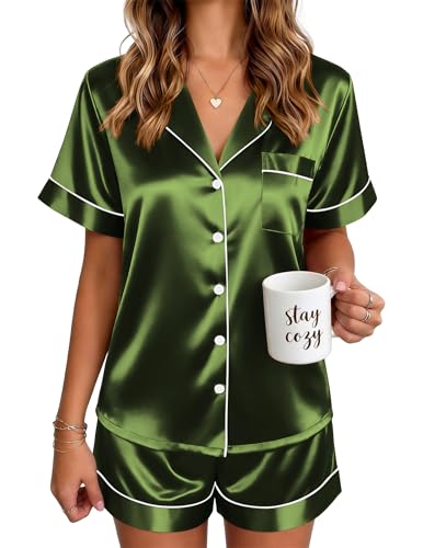 Image of Ekouaer Satin Pajamas for Women Silk Pjs Short Set 2 Piece Lounge Sets
