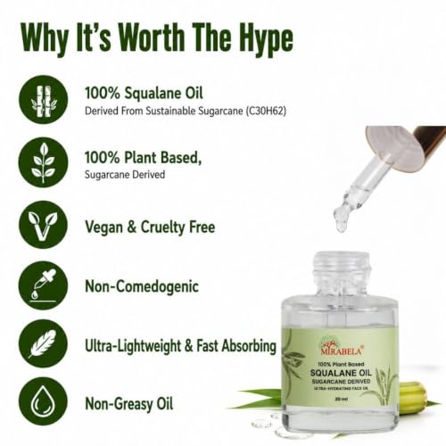 Image of Mirabela Squalane Oil for Face - Hydrating Face Oil for Glowing Skin, Hydration, Lightweight Moisturizer, 100% Plant Derived Sugarcane Squalane Oil from France, Non-Comedogenic, All Skin Types, 20ml