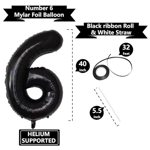 Image of Number Balloons Black Party Balloon - Giant Number 6 Balloon, 40 Inch Large Balloon for Birthday Decorations, Black Party Supplies for Men Women