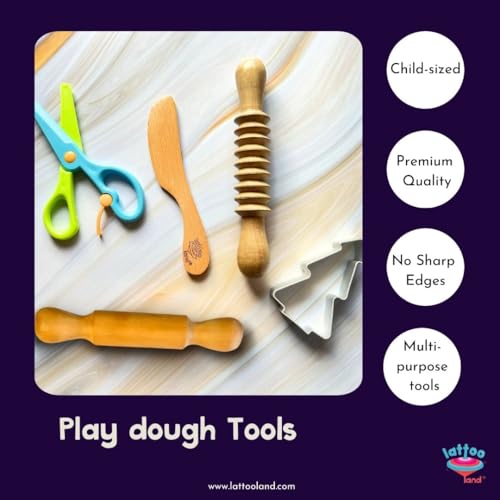 Lattooland Play Dough Tools |Wooden Tools for Clay |Montessori Toys |Pretend Play| Durable & Safe | Set of 5 Child-Sized Tools for Boys Girls 2 3 4 5 6 7 - Image 5