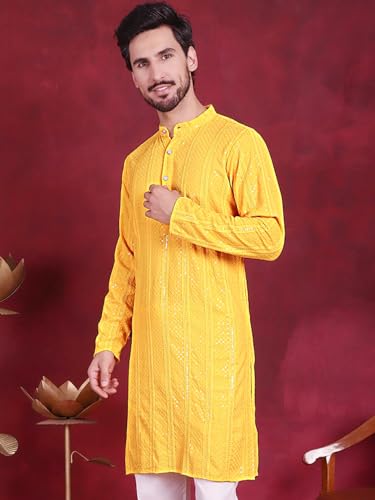 Image of Jompers Men's Regular Fit Rayon Sequins Chikankari Embroidered Kurtas