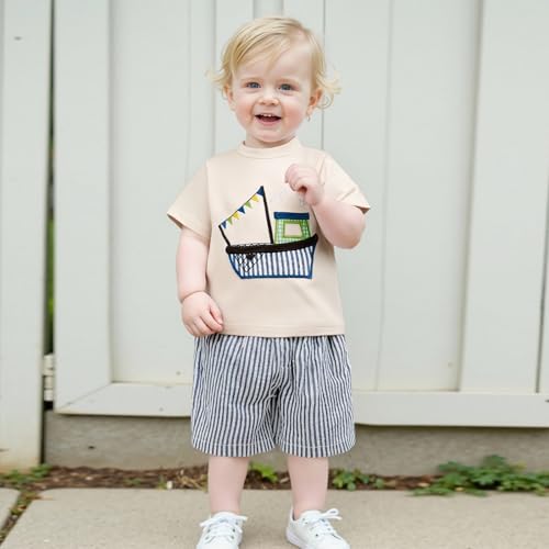 Toddler Baby Boy Sailboat Outfit Boating Sailing Embroidery Cotton T-Shirt Plaid Shorts Set Little Boy Summer Clothes2
