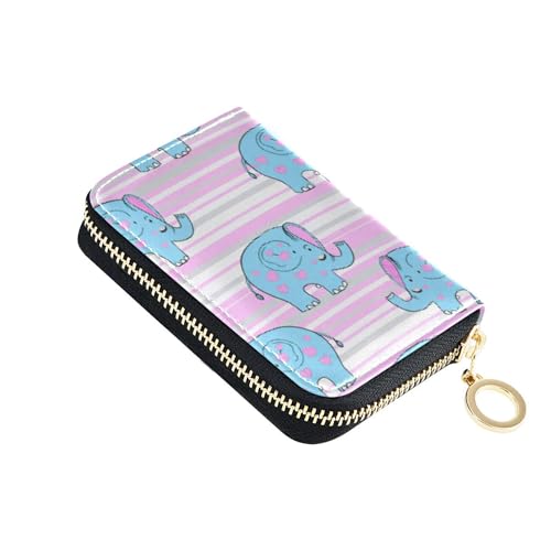 RFID Blocking Credit Card Holder Wallet for Women Leather Small Zipper Card and Cash Holder Picture Blue Elephants Hearts Pink