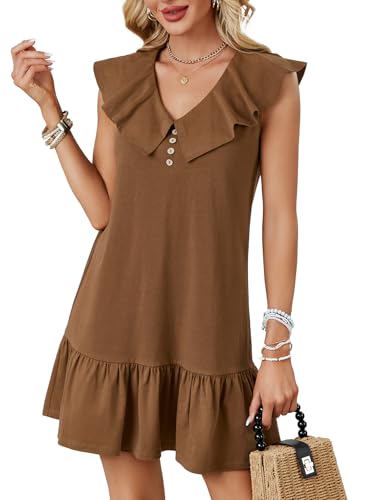 Image of LYANER Women's Summer Dress | Ruffle Hem, Button, Sleeveless Tank, V Neck, Casual Smock, Boho, Mini, Beach