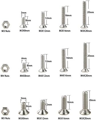 Glarks 510Pcs Metric M3 M4 M5 304 Stainless Steel Flat Head Countersunk Socket Cap Bolts Screws Nuts Assortment Kit, Allen Hex Drive