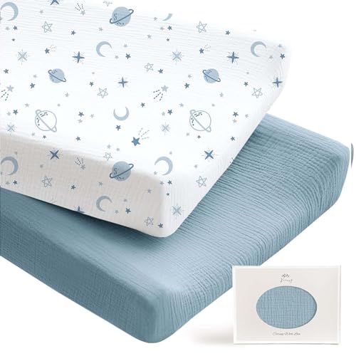 Image of Konssy 2 Pack Muslin Changing Pad Covers for Boys, Ultra Soft & Breathable Cotton Baby Diaper Changing Table Covers, Neutral Nursery Diaper Changing Pad Sheets (Star,Blue)