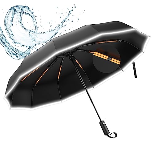 ANYCHO Big Umbrella for Men, 3 Fold with Reflective Stripe Travel Umbrella for Rain, Reinforced 12 Dual Ribs Windproof & Waterproof Folding Umbrella
