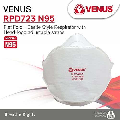 Image of VENUS V-1100 RPD723 N95 Medical Respirator Mask, White, Pack of 15 | NIOSH Certified | Fold Flat Beetle Style | Anti-Pollution Dust Protection | Comfortable Unisex Head Loop with Adjuster