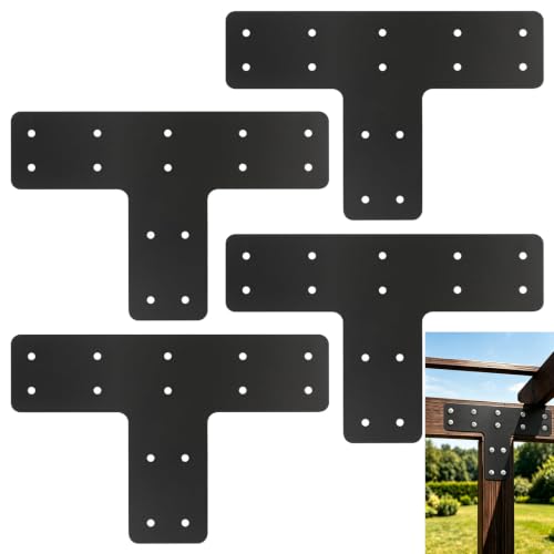 Heavy Duty 12x10 T Post Timber Brackets, T Shaped Flat Steel Plates | for 4x4 6x6 Lumber Post to Beam Connector, 4 Pcs Rust Resistant Bracket for Gazebo Truss Pergola House Repair Deck Framing