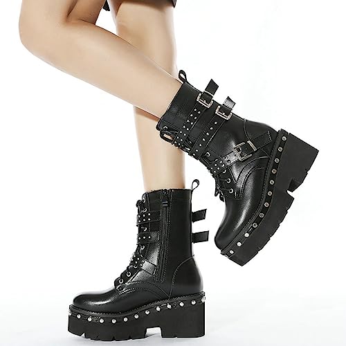 Image of Parisuit Womens Goth Patent Ankle Boots Platform Chunky Combat Boots