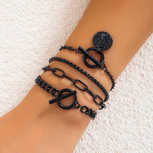 4Pcs Goth Black Stackable Bracelets Set for Women Gothic Statement Gold Coin OT Buckle Bracelet Vintage Paperclip Chain Y2k Party Hallowmas Jewelry Gifts3