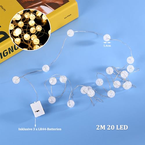 ENLACE Lichterkette Kristall Kugeln, 2M 20 LED Crackle Ball Lichterkette mit Knopfzellenbatterie, Warmweiß Kristallkugel Lichterketten für Innen Hochzeit Weihnachten Valentinstag Party Dekoration – Bild 2