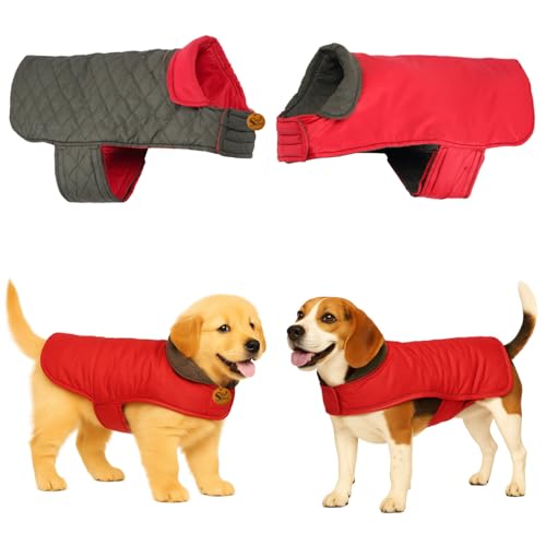 Image of Sage Square Double-Sided Quilted Dog Jacket - Weather-Resistant, Lightweight, Waterproof, Designed for Comfort & Warmth, Adjustable Fit, Perfect for Indoors or Outdoors (Quilt Red, XXL - 22 Inch)