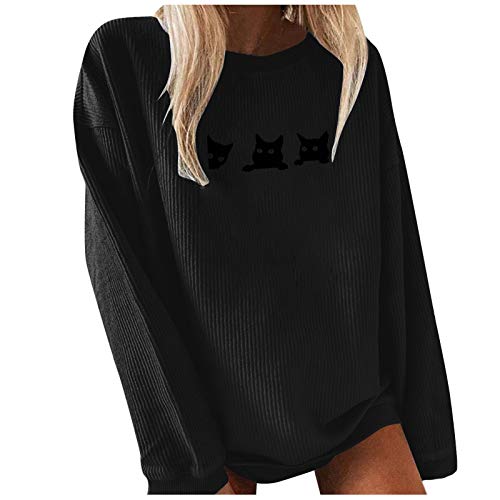 Long Sleeve Shirts for Women Graphic Tee Tops Vintage Funny Cute Cat Print Casual Slouchy Corduroy T-Shirts Pullovers