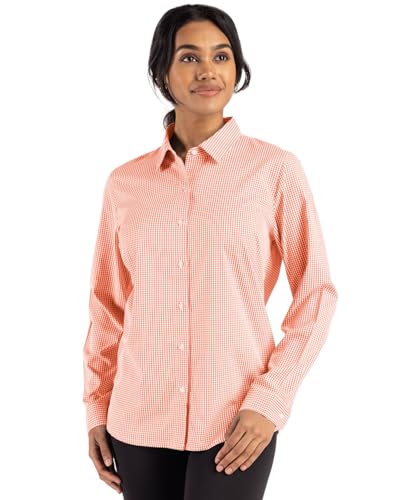Cutter & Buck Skyline Epic Confidence Recycled Gingham Womens Long Sleeve Dress Shirt, College Orange/White, Orange