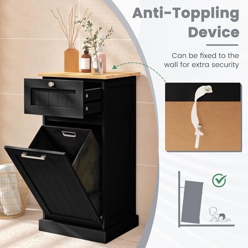 GIANTEX Armario de Lavandería con Cajón y Cesto para Colada Extraíble, Armario de Madera para Ropa Sucia, 40 x 37 x 82 cm, Mueble de Almacenamiento para Baño, Lavandería (Negro) - imagen 5