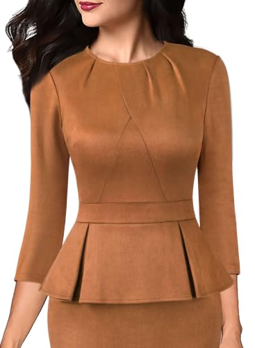 Image of VFSHOW Womens Pleated Crew Neck Peplum Slim Work Business Bodycon Dress | 3 /4 Sleeves, Professional Elegant Church, Funeral, Spring Fall, Fitted Office Pencil Sheath Dress