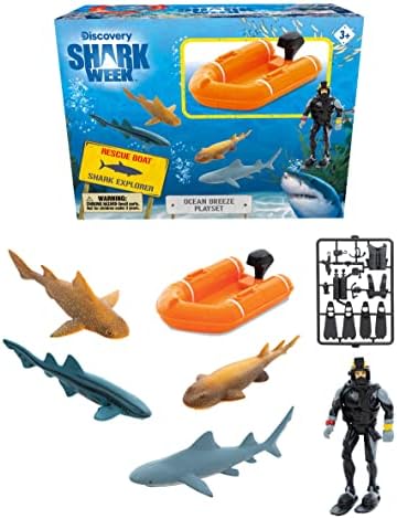 Shark Week Discovery Ocean Breeze Playset, Rescue Boat, Action Figure Diver, Realistic Shark Toy Set, Birthday Party Favors for Kids