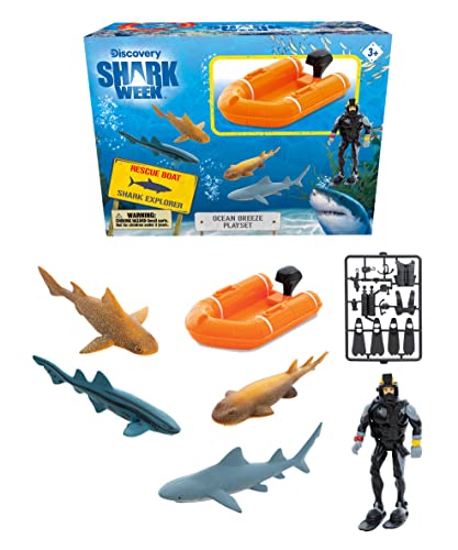Shark Week Discovery Ocean Breeze Playset, Rescue Boat, Action Figure Diver, Realistic Shark Toy Set, Birthday Party Favors For Kids #TOP19