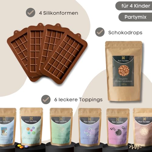 Pure Xocolate – Schokolade selber machen – Kreativset für 4 Kinder – inkl. 400g Schokolade, 6 bunte Toppings & Silikonform – Kindergeburtstag drinnen – DIY Set (Volle Größe, Mini-Tafel-Silikonform)