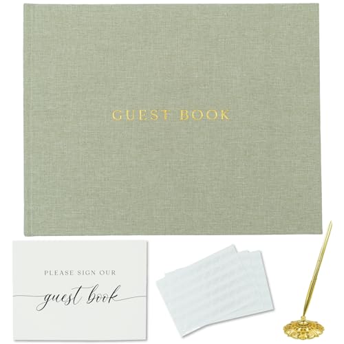 Gooji Linen Wedding Guest Book Wedding Reception Guestbook to Sign in and Add Polaroid Photos or Baby Shower includes Sign Card Signing Pen Photo Corners (Sage Green) 7x9 100 pages Gold Foil Lined