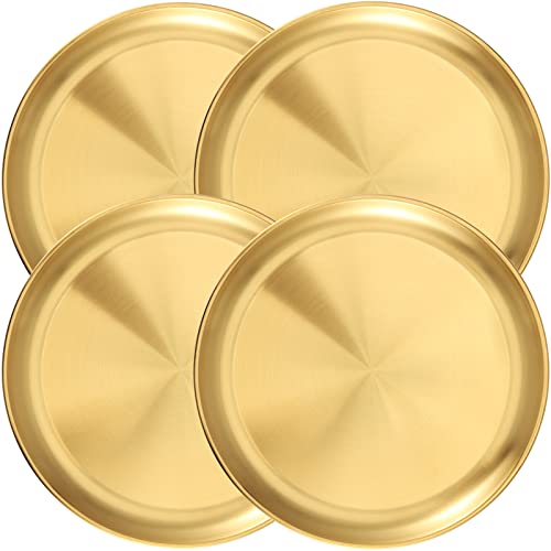 JOIKIT 4 Pack 10 Inch Gold Stainless Steel Plate, Round Metal Dinner Plates, Kitchenware Dinner Dishes Serving Tray Large Camping Plates for BBQ, Snack, Food Serving, Dishwasher Safe