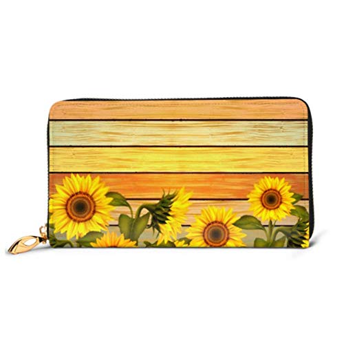 Preisvergleich Produktbild JHGFG Mode Handtasche Reißverschluss Brieftasche Illustration Sonnenblumen Blätter auf bunten Holz Telefon Clutch Geldbörse Abendkupplung Blocking Leder Brieftasche Multi