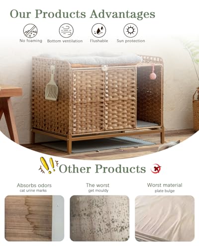 Image of SETVSON Cat Litter Box Enclosure Furniture with Divider, Handwoven Rattan Litter Box with Mat, 31.2 x 19.6 x 24.2 Inches, Metal Heightened Feet, Hidden Cat House for Living Room, Bedroom (Natural) | Handwoven PE Rattan with Soft Litter Mat, 3.54-In Heightened Metal Feet, 2 S-Hooks, 31.2 x 19.6 x 24.2 In Spacious