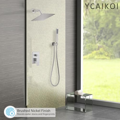 Image of Brushed Nickel Shower System, 8 Inch High Pressure Rain Shower with Handheld, Wall Mount Shower Faucet Set for Bathroom, Rough-in Valve Body and Trim Included