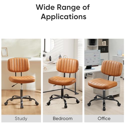 Image of DUMOS Armless Small Home Office Desk Chair - Vanity Task Chair with Low Back, Height Adjustable PU Leather Swivel with 360 Rolling Wheels, Vanity, Bedroom, Deep Brown