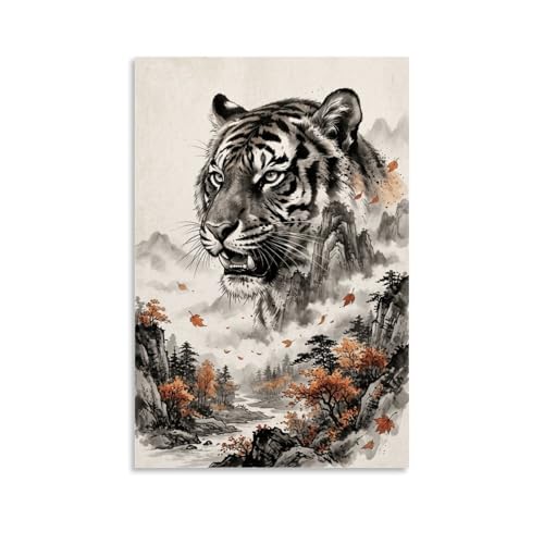 Poster mural tigre à encre chinoise, portrait de tigre majestueux avec paysage de montagne d'automne, impression sur toile de style asiatique traditionnel...