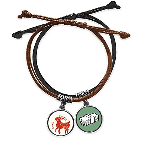 Pulsera de oveja de cuero trenzado con amuleto del dinero tradicional